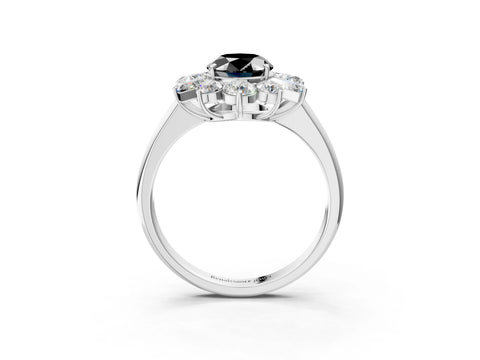 White gold Fancy Black Oval Cut Diamond Cluster Ring with Round and Baguette Stones, Split Shank Band, Prong Setting_15