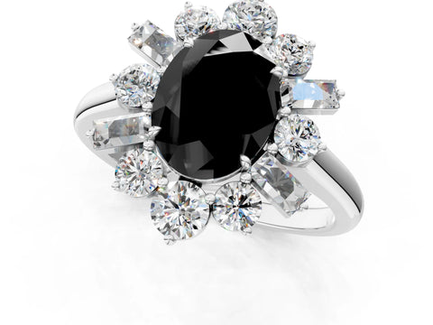 White gold Fancy Black Oval Cut Diamond Cluster Ring with Round and Baguette Stones, Split Shank Band, Prong Setting_1
