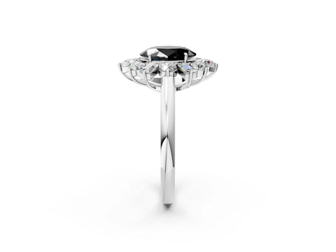 White gold Fancy Black Oval Cut Diamond Cluster Ring with Round and Baguette Stones, Split Shank Band, Prong Setting_2