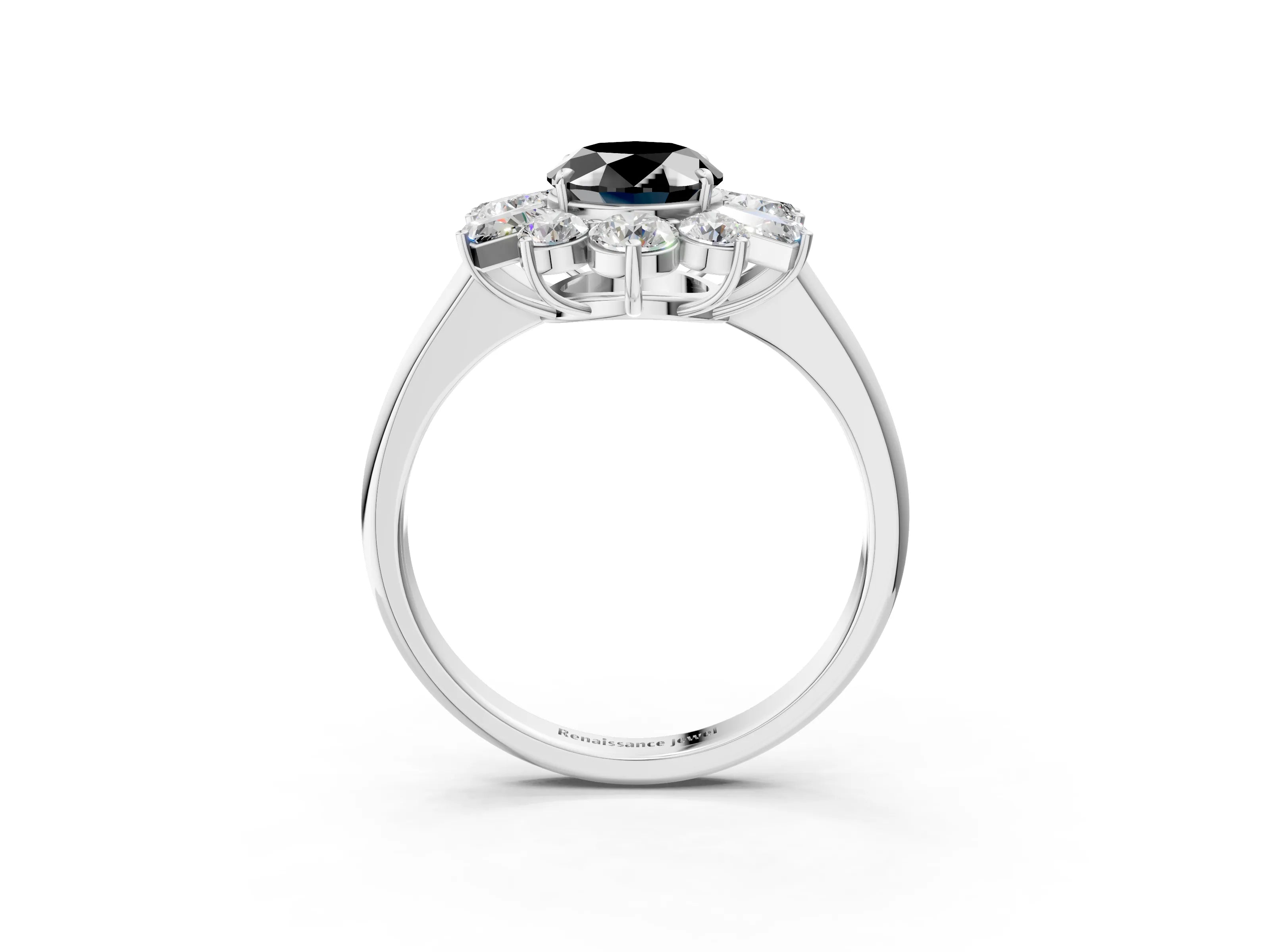 White gold Fancy Black Oval Cut Diamond Cluster Ring with Round and Baguette Stones, Split Shank Band, Prong Setting_3