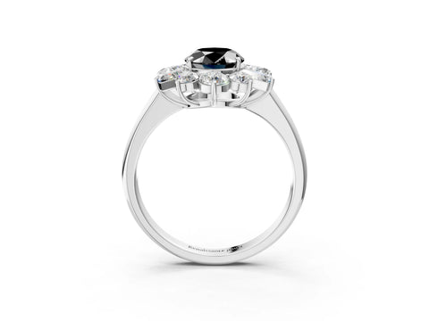 White gold Fancy Black Oval Cut Diamond Cluster Ring with Round and Baguette Stones, Split Shank Band, Prong Setting_3