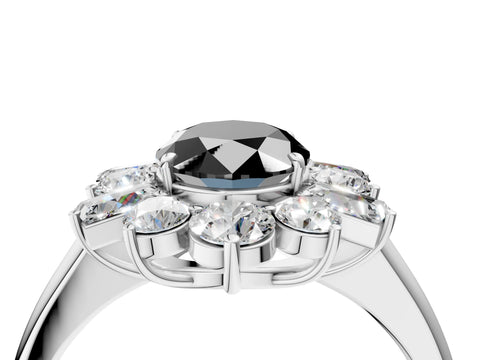 White gold Fancy Black Oval Cut Diamond Cluster Ring with Round and Baguette Stones, Split Shank Band, Prong Setting_4