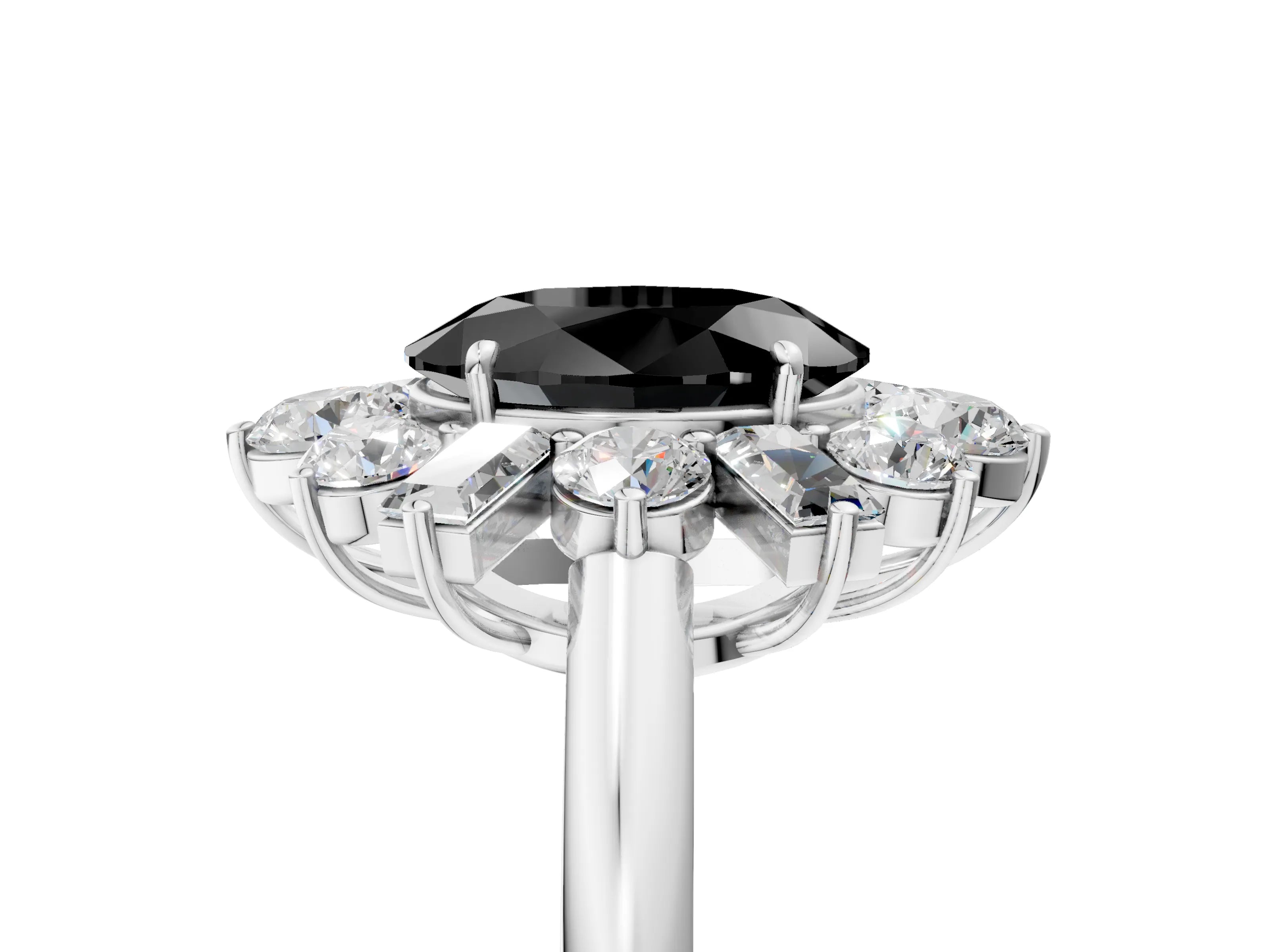 White gold Fancy Black Oval Cut Diamond Cluster Ring with Round and Baguette Stones, Split Shank Band, Prong Setting_5