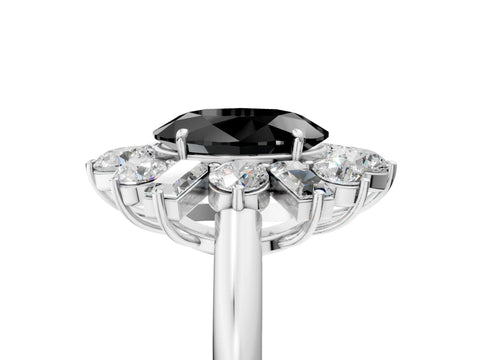 White gold Fancy Black Oval Cut Diamond Cluster Ring with Round and Baguette Stones, Split Shank Band, Prong Setting_5