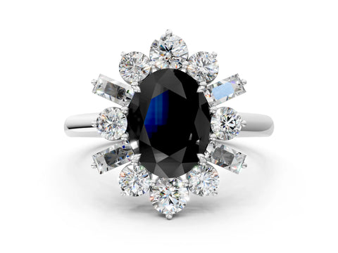 White gold Fancy Black Oval Cut Diamond Cluster Ring with Round and Baguette Stones, Split Shank Band, Prong Setting