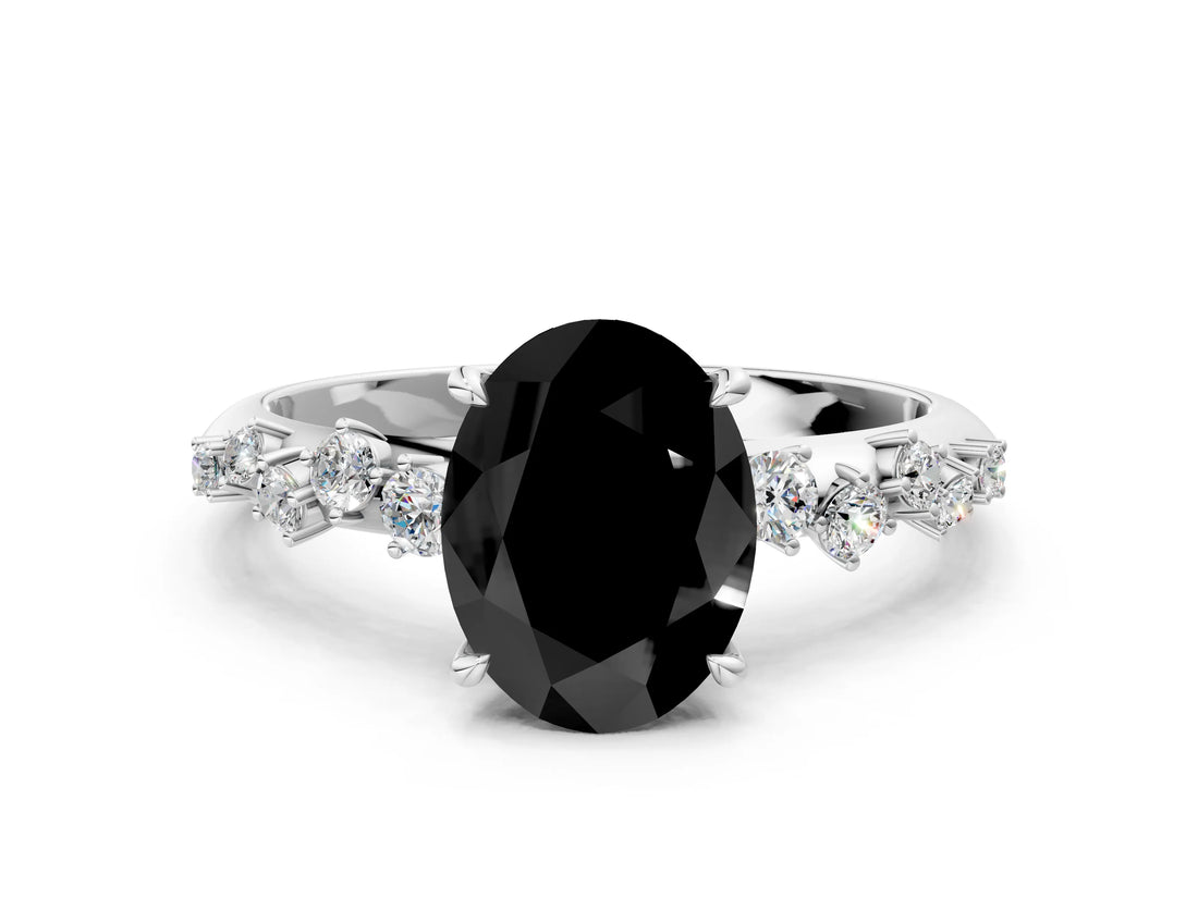 White gold Fancy Black Oval Cut Diamond Cluster Side Stone Solitaire Ring with Prong Setting_48