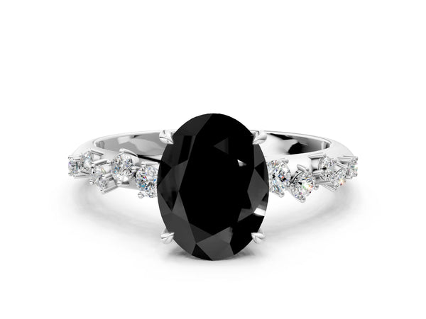 Platinum Oval Graduated Cluster Engagement Ring Setting for Black Center