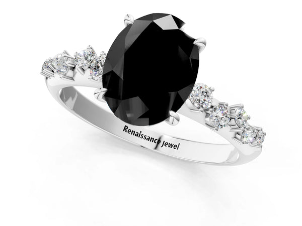 Platinum Oval Graduated Cluster Engagement Ring Setting for Black Center