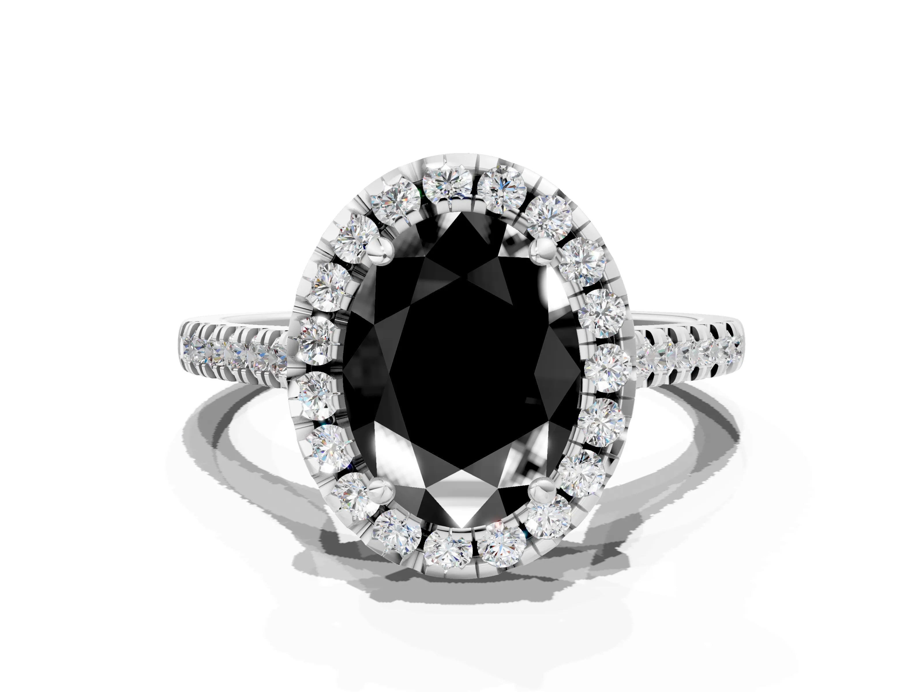 White gold Fancy Black Oval Cut Diamond Cushion Halo Ring with Pavé Band