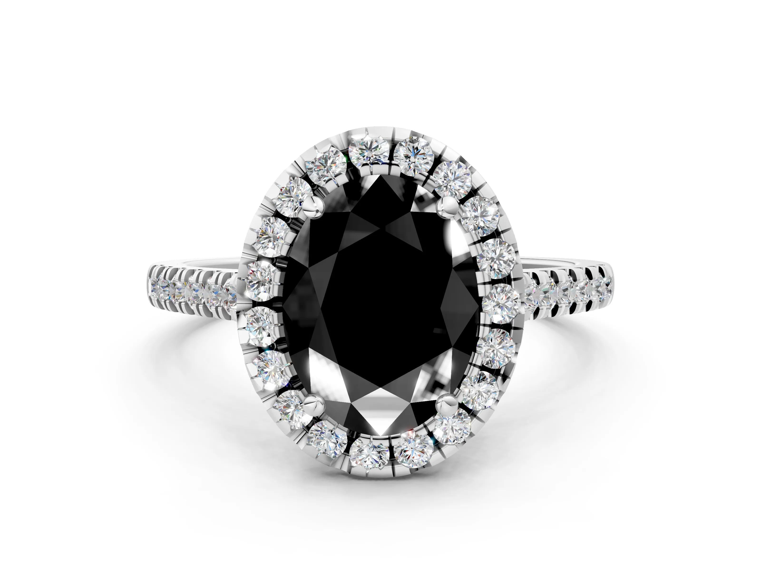 White gold Fancy Black Oval Cut Diamond Cushion Halo Ring with Pavé Band_12