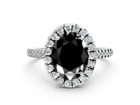 White gold Fancy Black Oval Cut Diamond Cushion Halo Ring with Pavé Band_12
