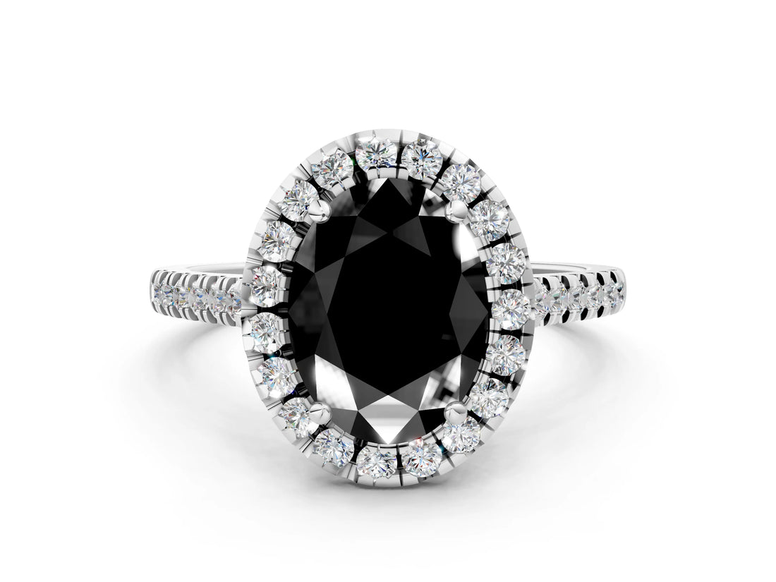 White gold Fancy Black Oval Cut Diamond Cushion Halo Ring with Pavé Band_12