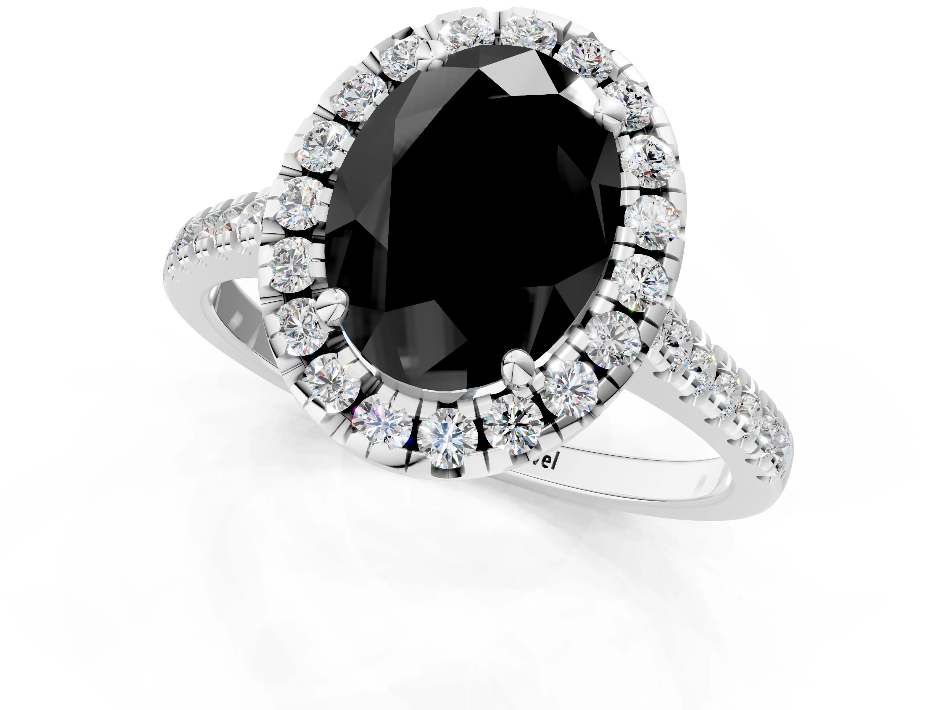 White gold Fancy Black Oval Cut Diamond Cushion Halo Ring with Pavé Band_13