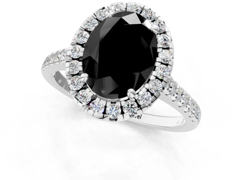 White gold Fancy Black Oval Cut Diamond Cushion Halo Ring with Pavé Band_13