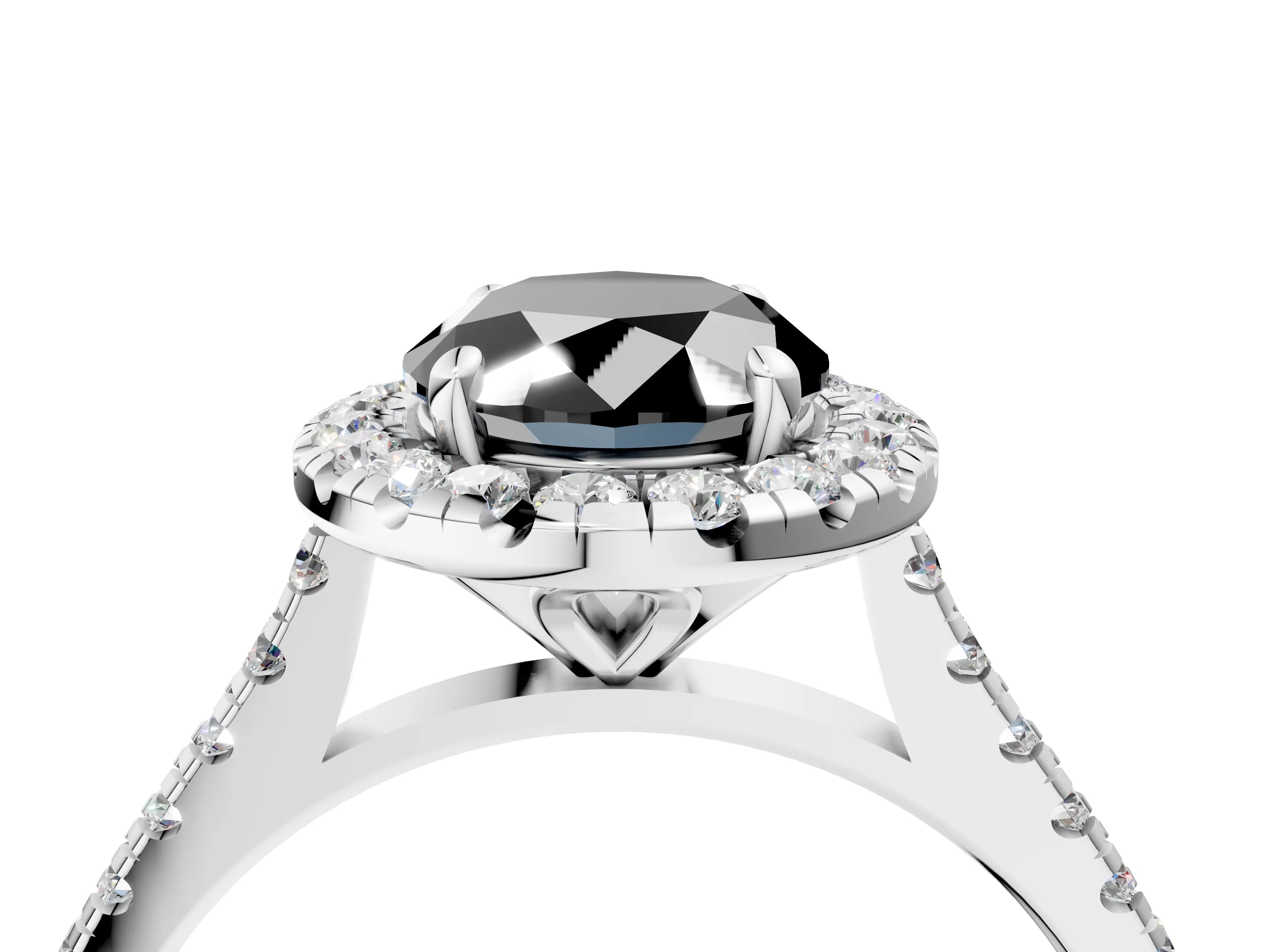 White gold Fancy Black Oval Cut Diamond Cushion Halo Ring with Pavé Band_16