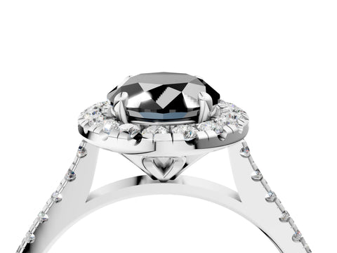 White gold Fancy Black Oval Cut Diamond Cushion Halo Ring with Pavé Band_16