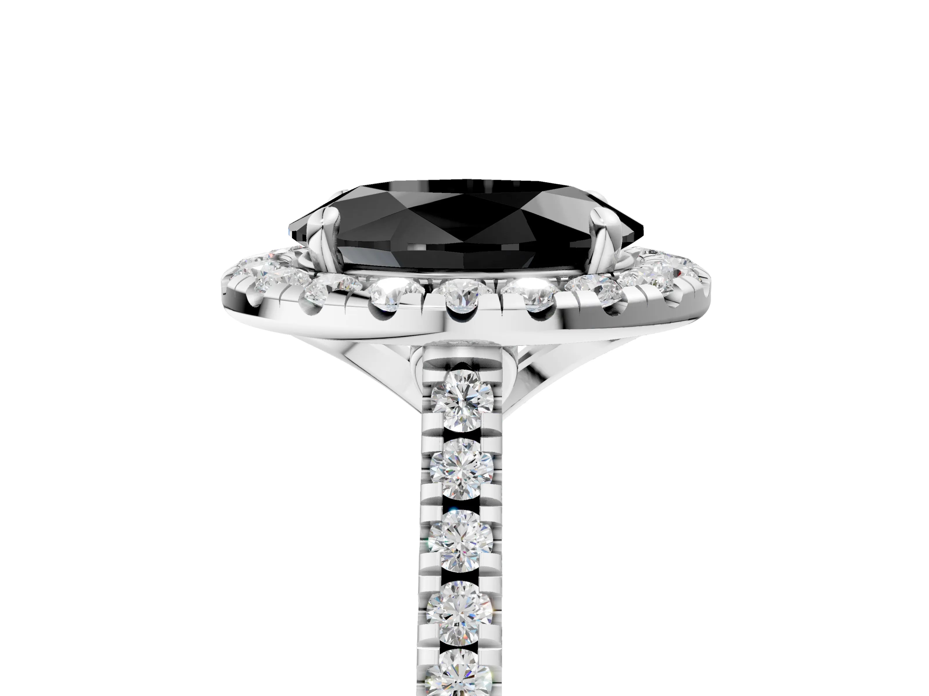 White gold Fancy Black Oval Cut Diamond Cushion Halo Ring with Pavé Band_17