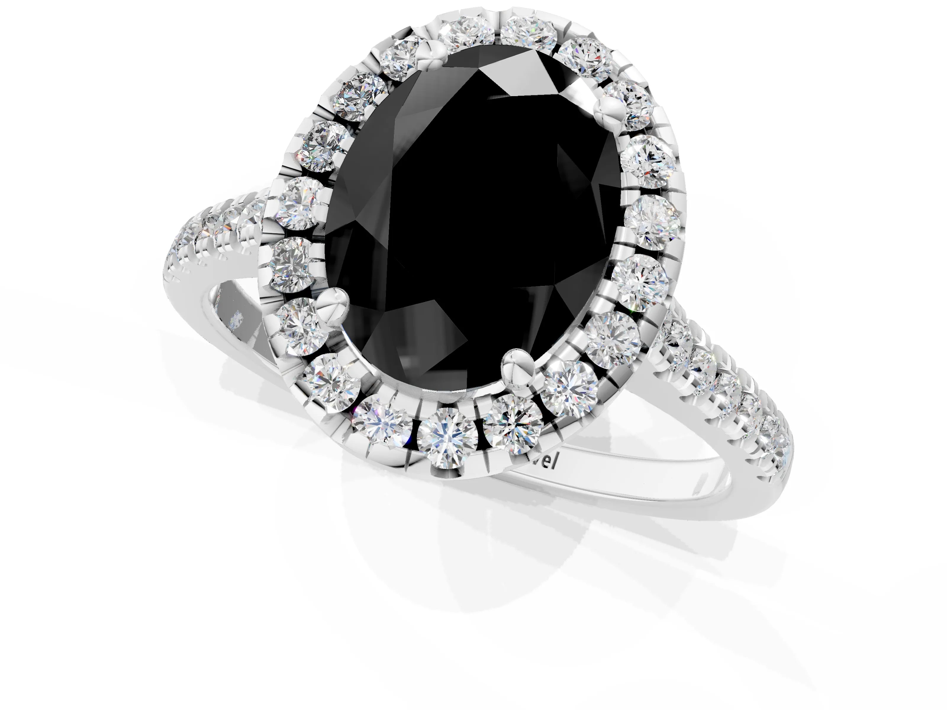 White gold Fancy Black Oval Cut Diamond Cushion Halo Ring with Pavé Band_1