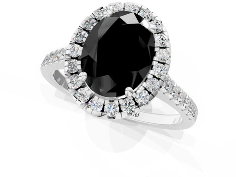 White gold Fancy Black Oval Cut Diamond Cushion Halo Ring with Pavé Band_1