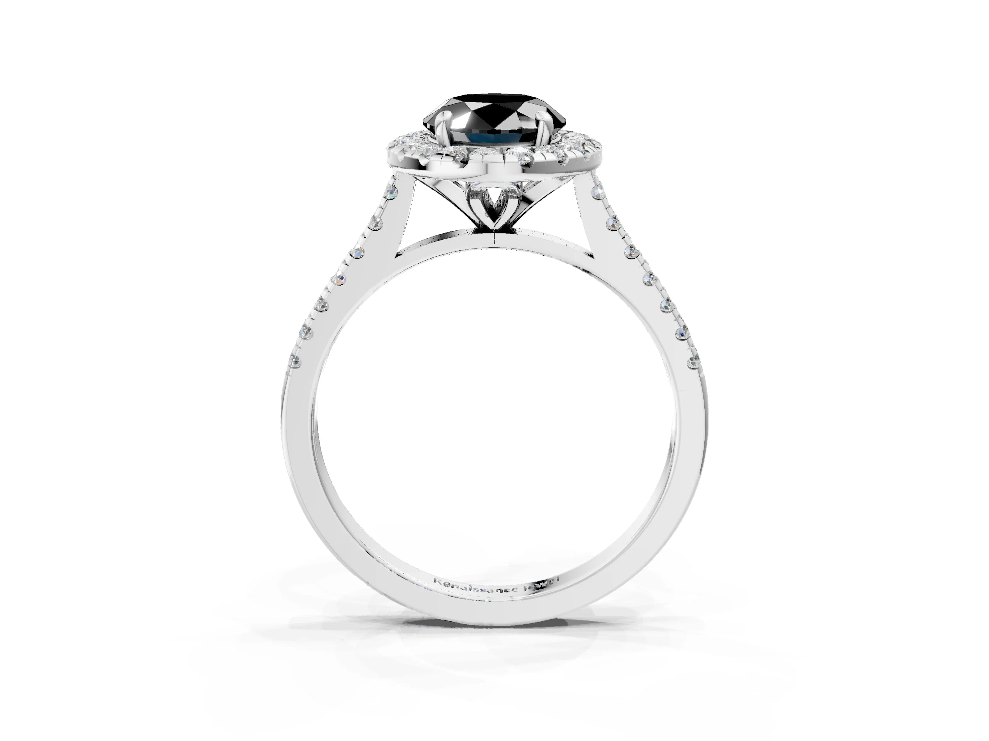 White gold Fancy Black Oval Cut Diamond Cushion Halo Ring with Pavé Band_3