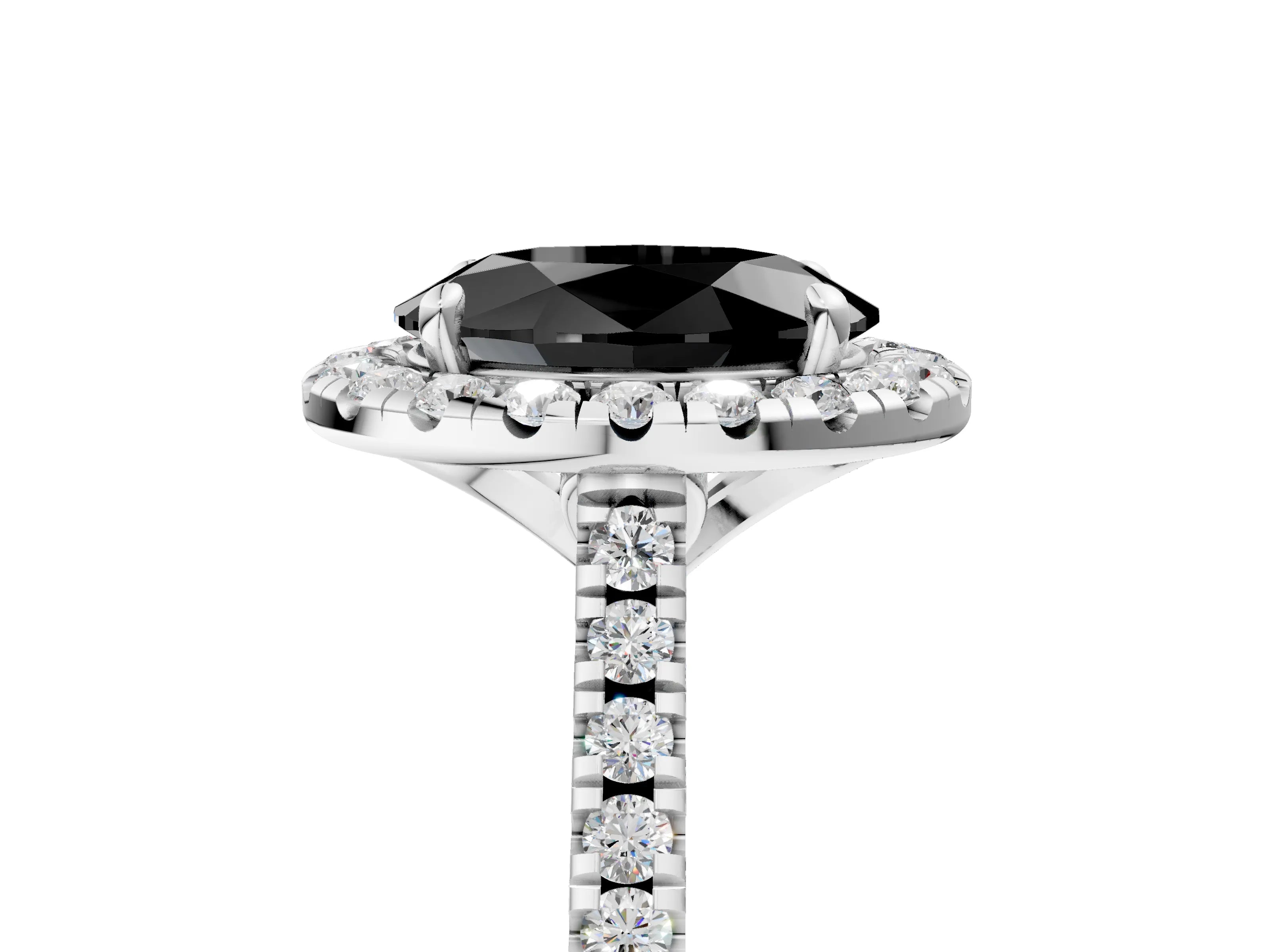 White gold Fancy Black Oval Cut Diamond Cushion Halo Ring with Pavé Band_5
