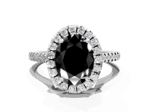 White gold Fancy Black Oval Cut Diamond Cushion Halo Ring with Pavé Band