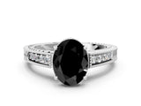 White gold Fancy Black Oval Cut Diamond Engagement Ring with Milgrain Channel Set Band and Prong Setting