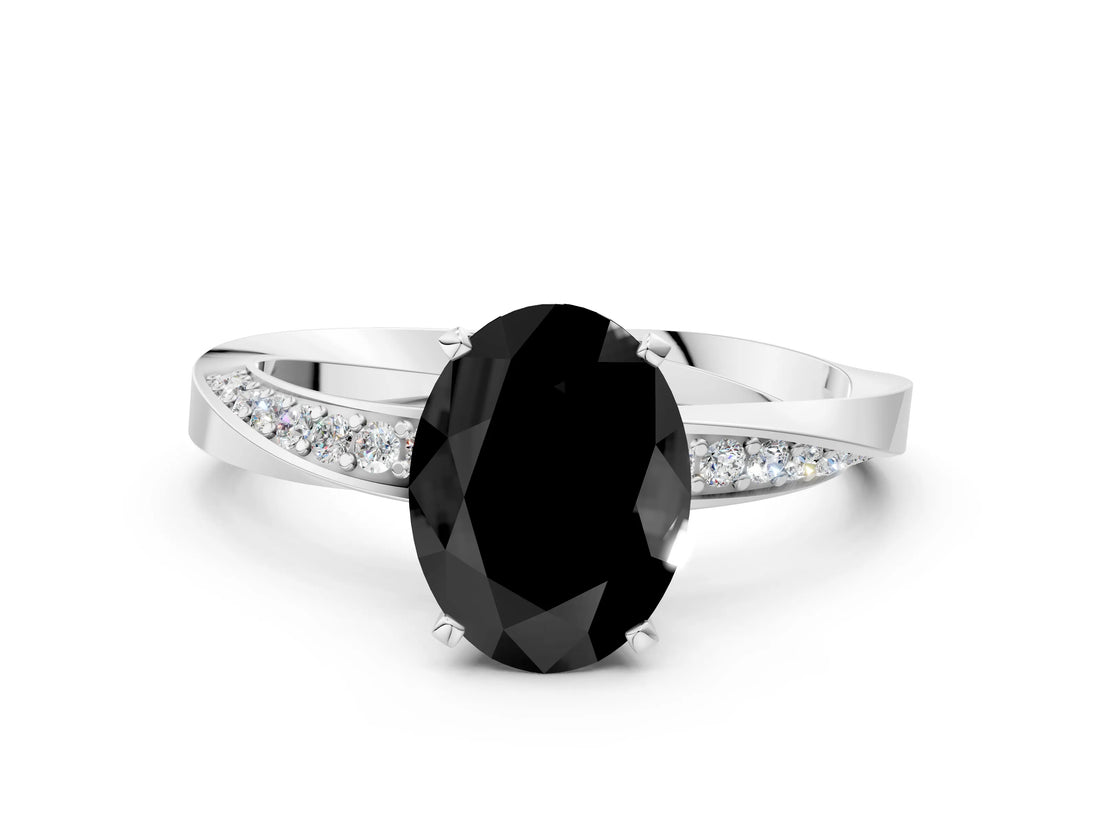 White gold Fancy Black Oval Cut Diamond Engagement Ring with Side Stone Accents and Four-Prong Setting_96