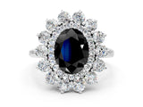 White gold Fancy Black Oval Cut Diamond Floral Double Halo Engagement Ring with Prong Setting