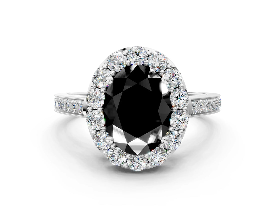 White gold Fancy Black Oval Cut Diamond Floral Halo Ring with Pavé Band and Prong Setting_7
