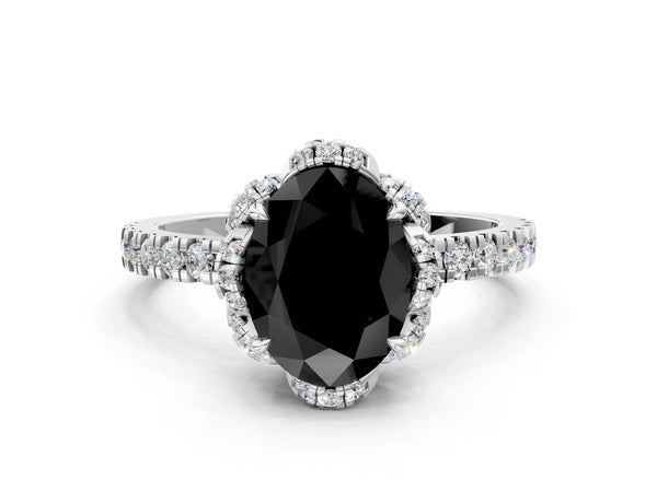 Platinum Oval Four Petal Floral Halo Engagement Ring Setting for Black Center