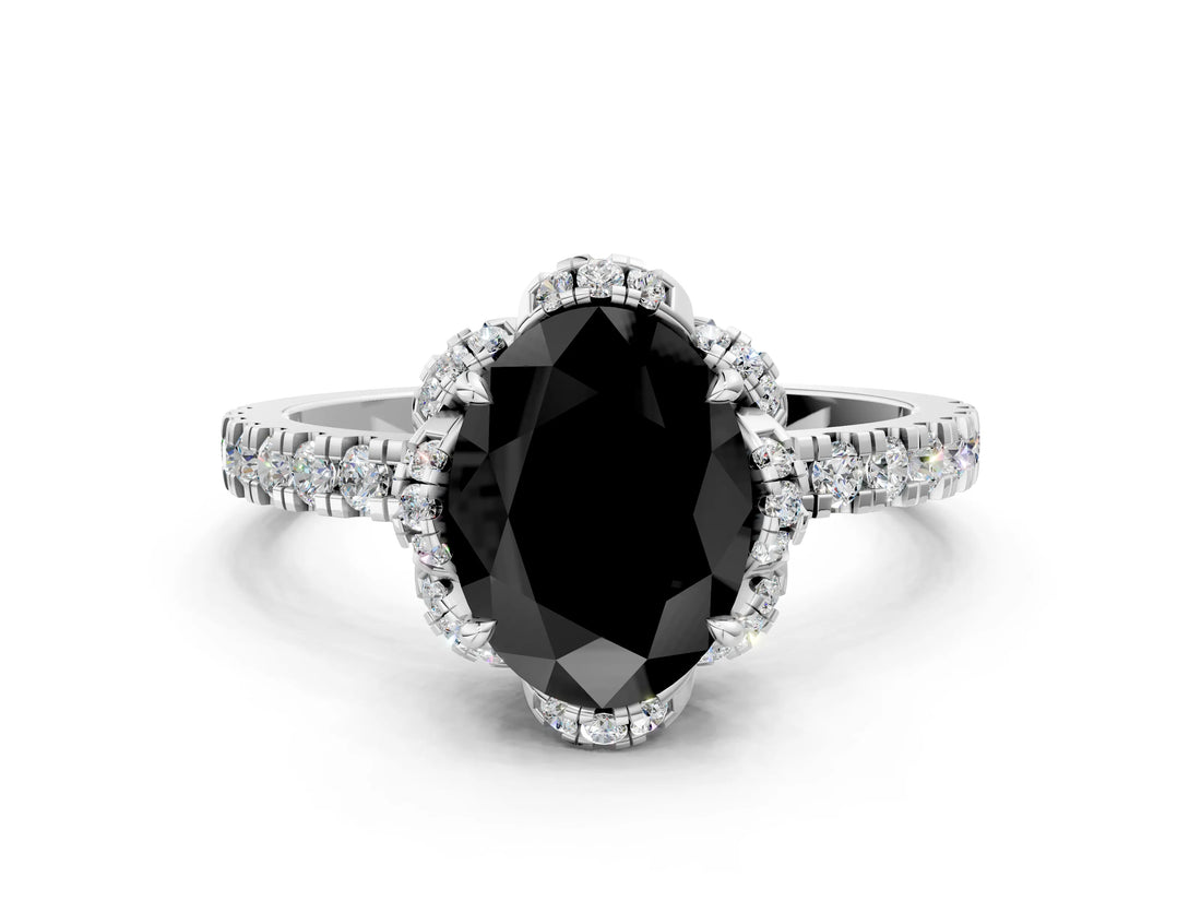 White gold Fancy Black Oval Cut Diamond Halo Pave Band with Four-Prong Setting_3