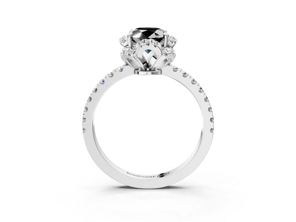 Platinum Oval Four Petal Floral Halo Engagement Ring Setting for Black Center