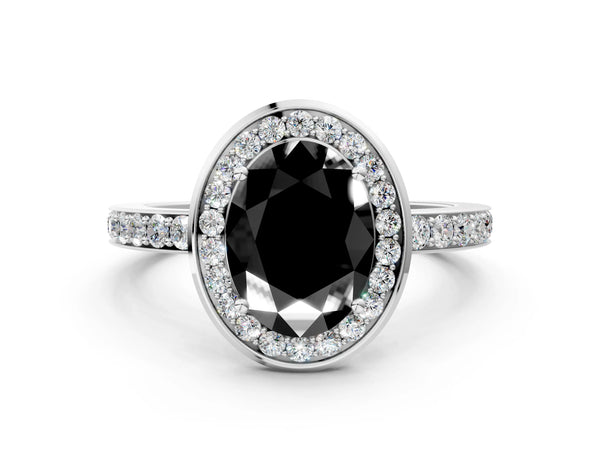 Platinum Oval Pave Bezel-Rim Halo Engagement Ring Setting for Black Center