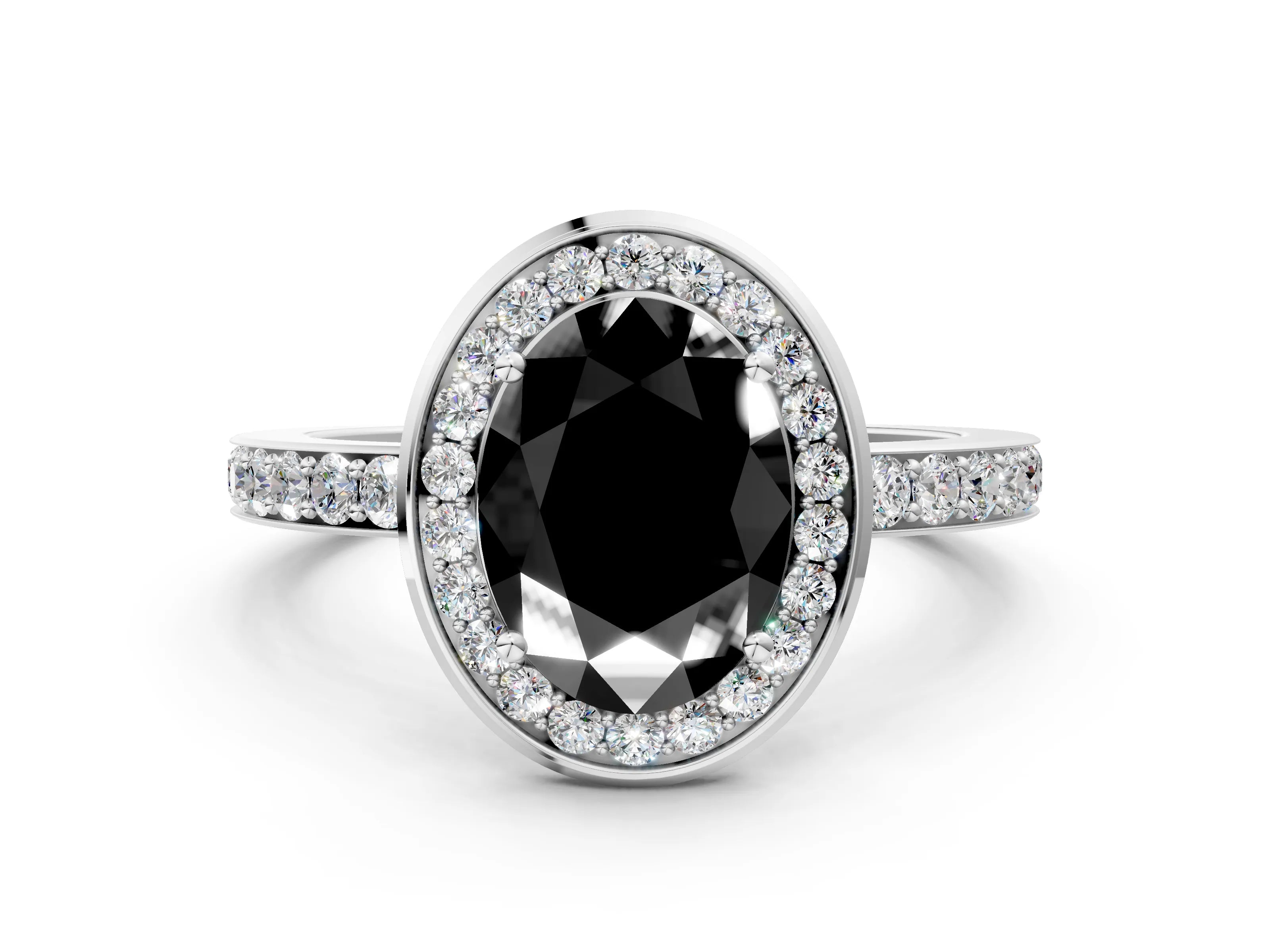 White gold Fancy Black Oval Cut Diamond Halo Ring with Bezel Frame and Pavé Band