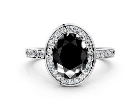 White gold Fancy Black Oval Cut Diamond Halo Ring with Bezel Frame and Pavé Band