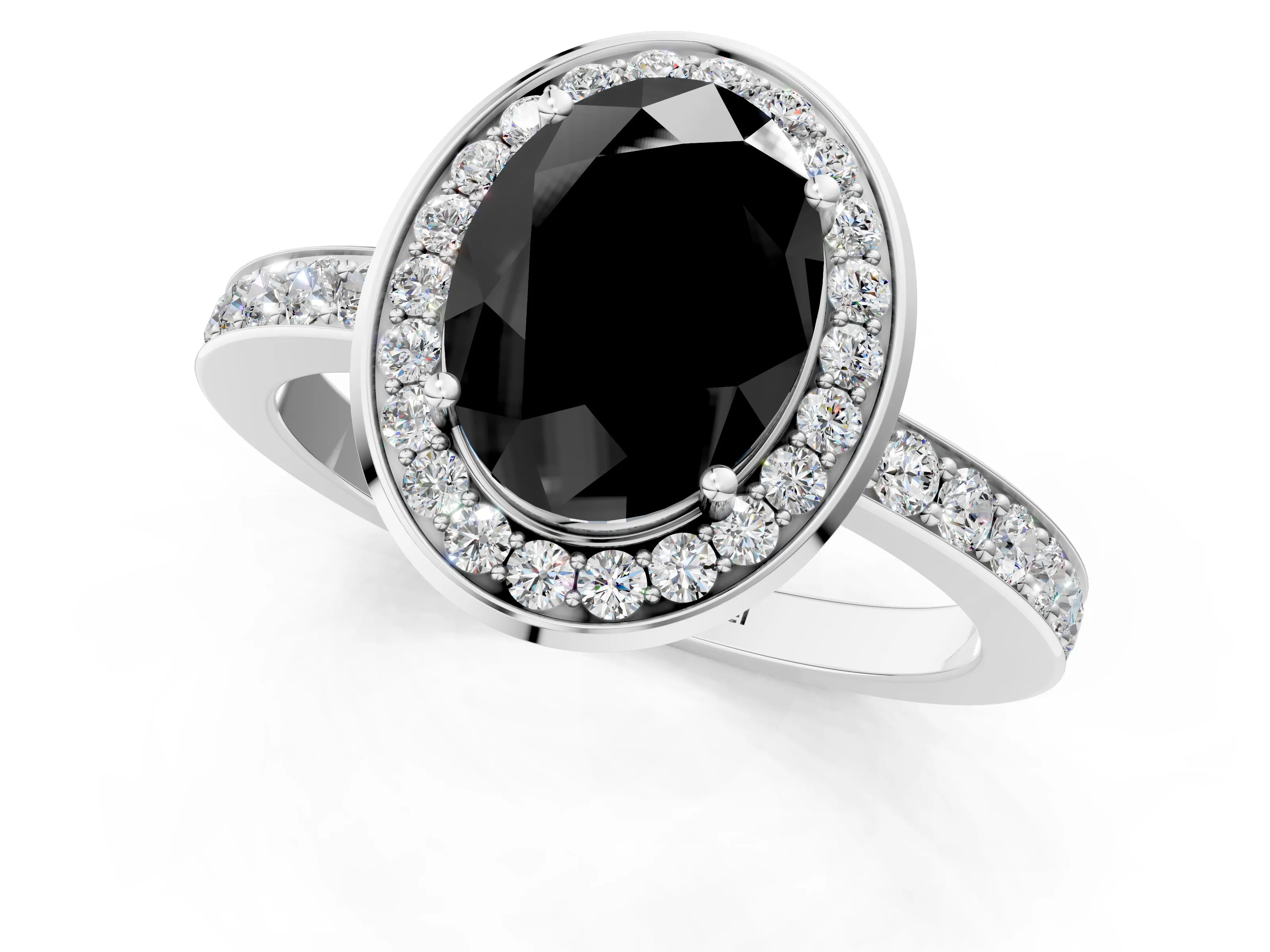 White gold Fancy Black Oval Cut Diamond Halo Ring with Bezel Frame and Pavé Band_1