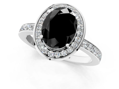 White gold Fancy Black Oval Cut Diamond Halo Ring with Bezel Frame and Pavé Band_1