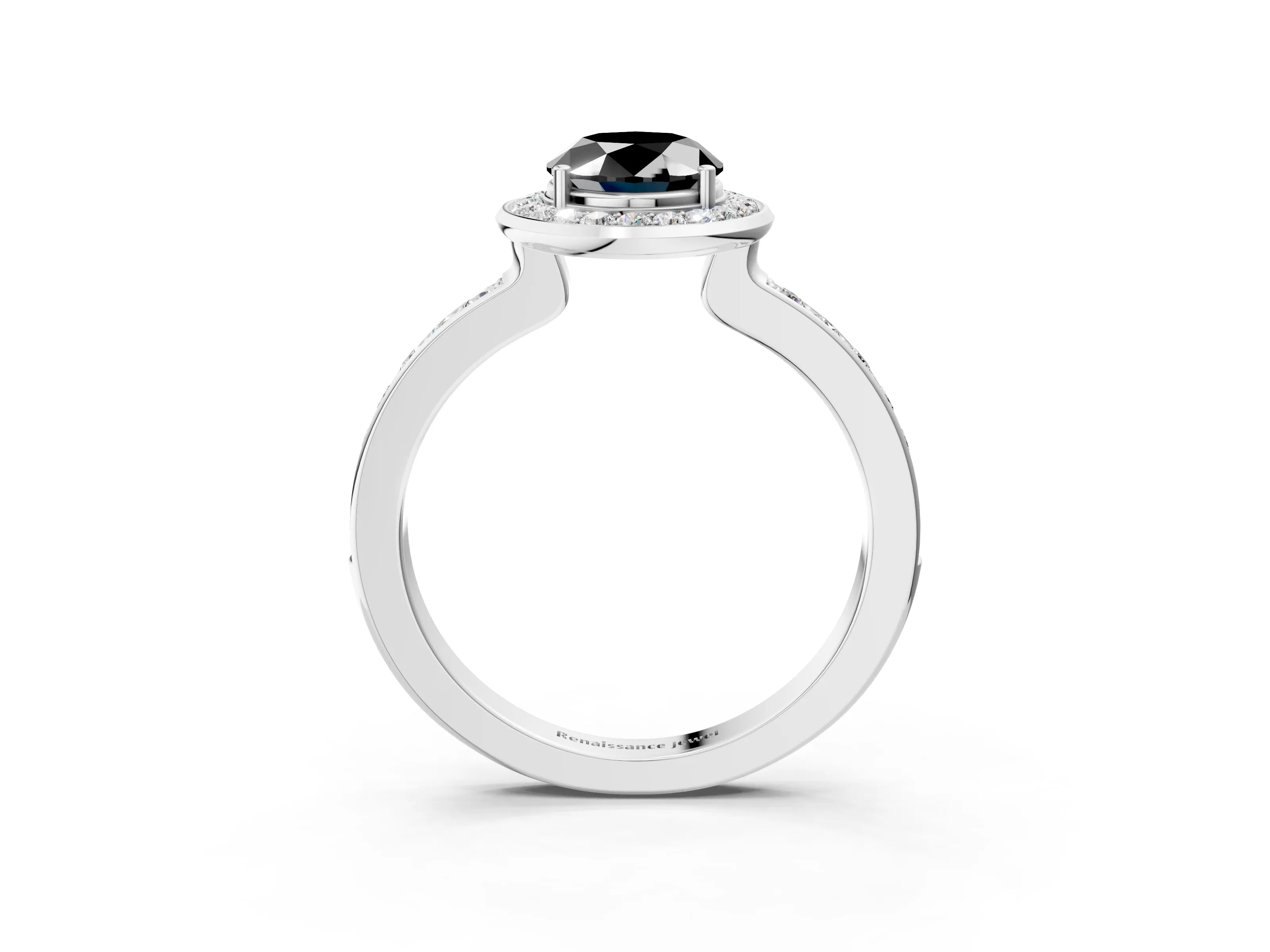 White gold Fancy Black Oval Cut Diamond Halo Ring with Bezel Frame and Pavé Band_3