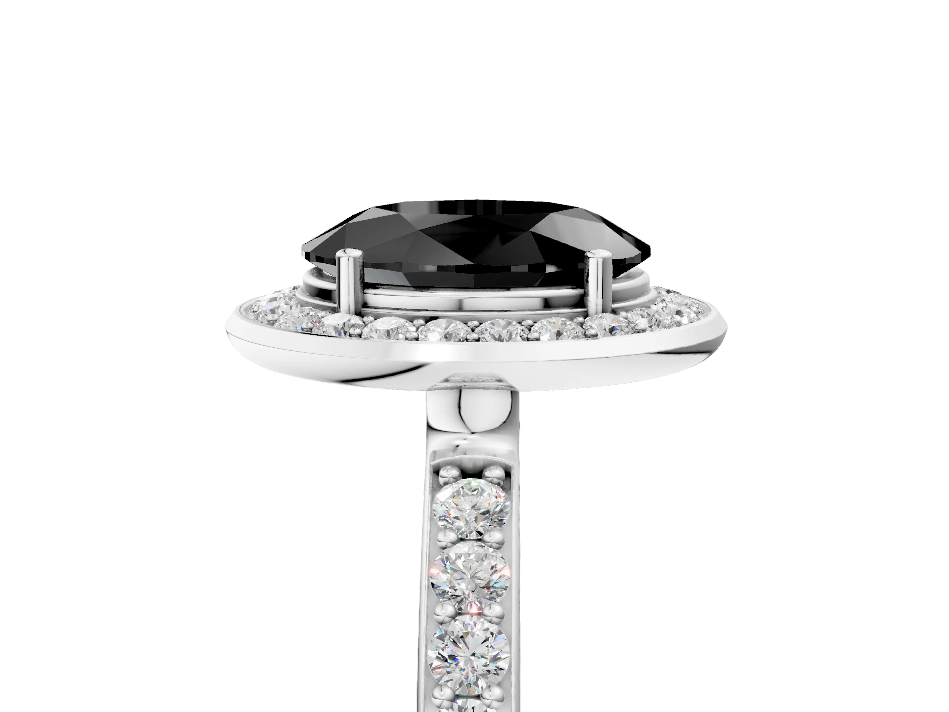 White gold Fancy Black Oval Cut Diamond Halo Ring with Bezel Frame and Pavé Band_5