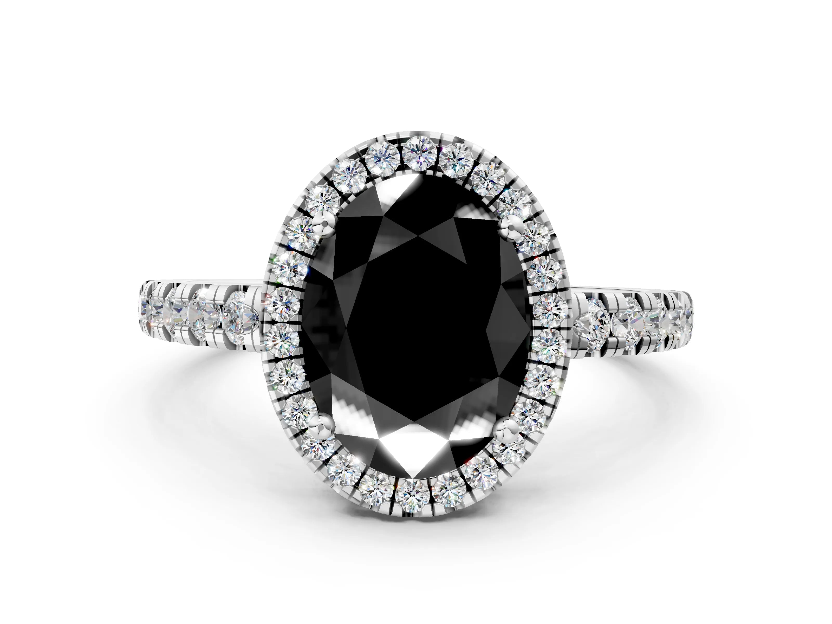 White gold Fancy Black Oval Cut Diamond Halo Ring with Pavé Band and Four-Prong Setting_12