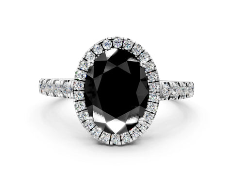 White gold Fancy Black Oval Cut Diamond Halo Ring with Pavé Band and Four-Prong Setting_12