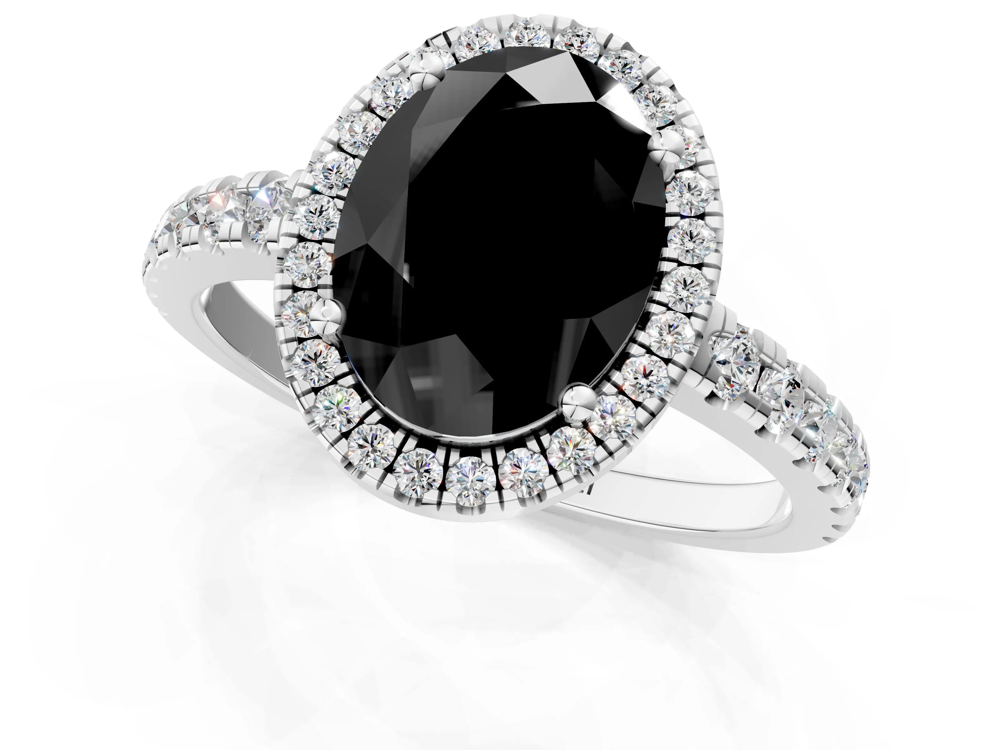 White gold Fancy Black Oval Cut Diamond Halo Ring with Pavé Band and Four-Prong Setting_13