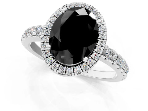 White gold Fancy Black Oval Cut Diamond Halo Ring with Pavé Band and Four-Prong Setting_13