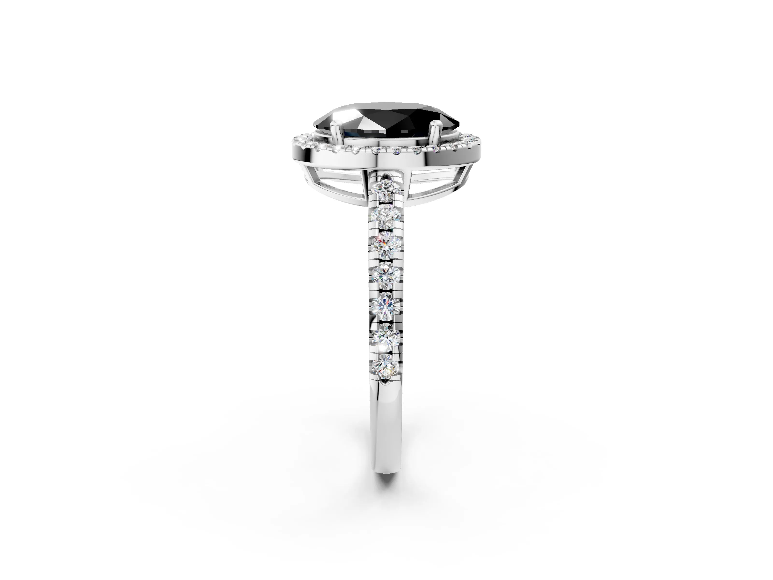 White gold Fancy Black Oval Cut Diamond Halo Ring with Pavé Band and Four-Prong Setting_14