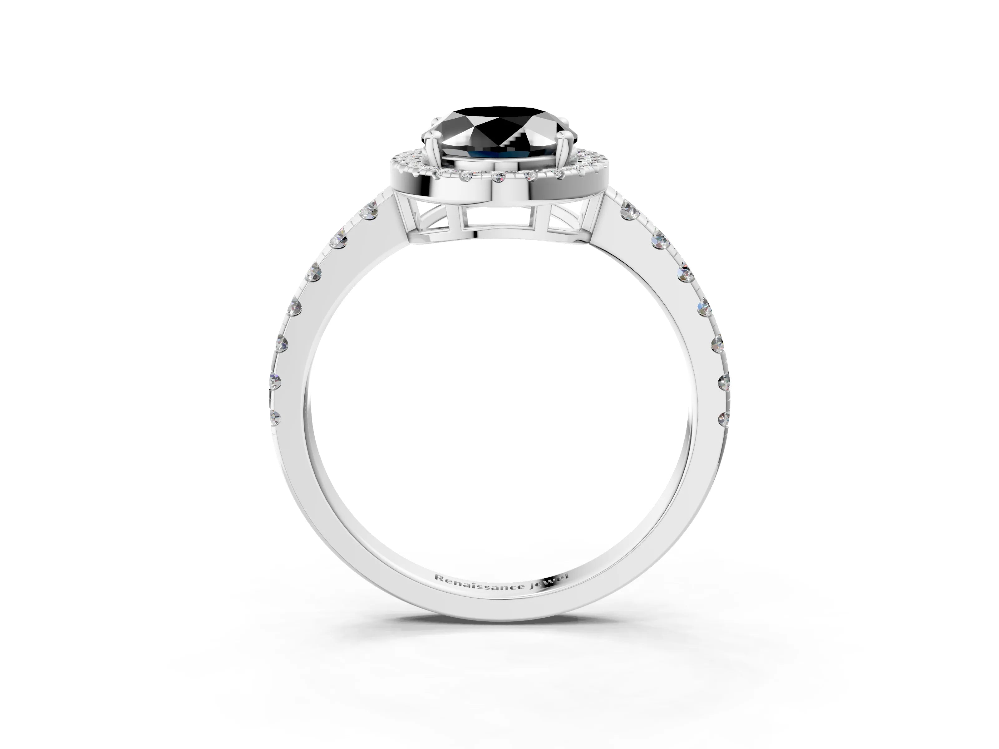 White gold Fancy Black Oval Cut Diamond Halo Ring with Pavé Band and Four-Prong Setting_15