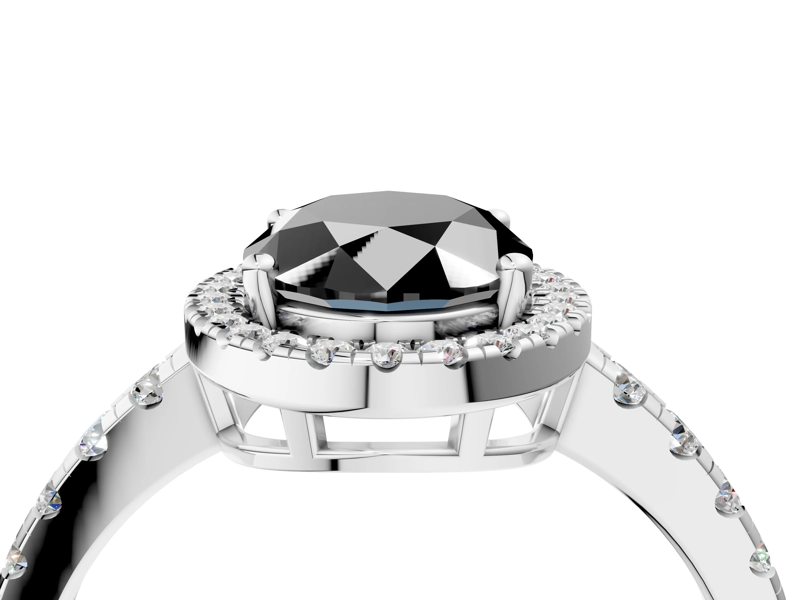 White gold Fancy Black Oval Cut Diamond Halo Ring with Pavé Band and Four-Prong Setting_16