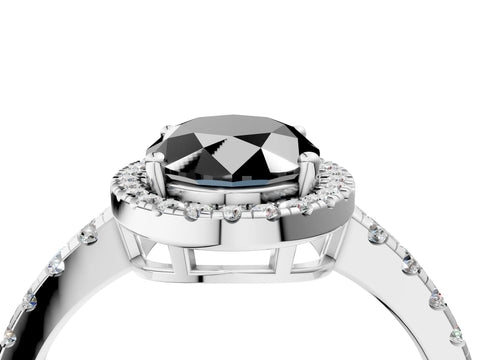 White gold Fancy Black Oval Cut Diamond Halo Ring with Pavé Band and Four-Prong Setting_16