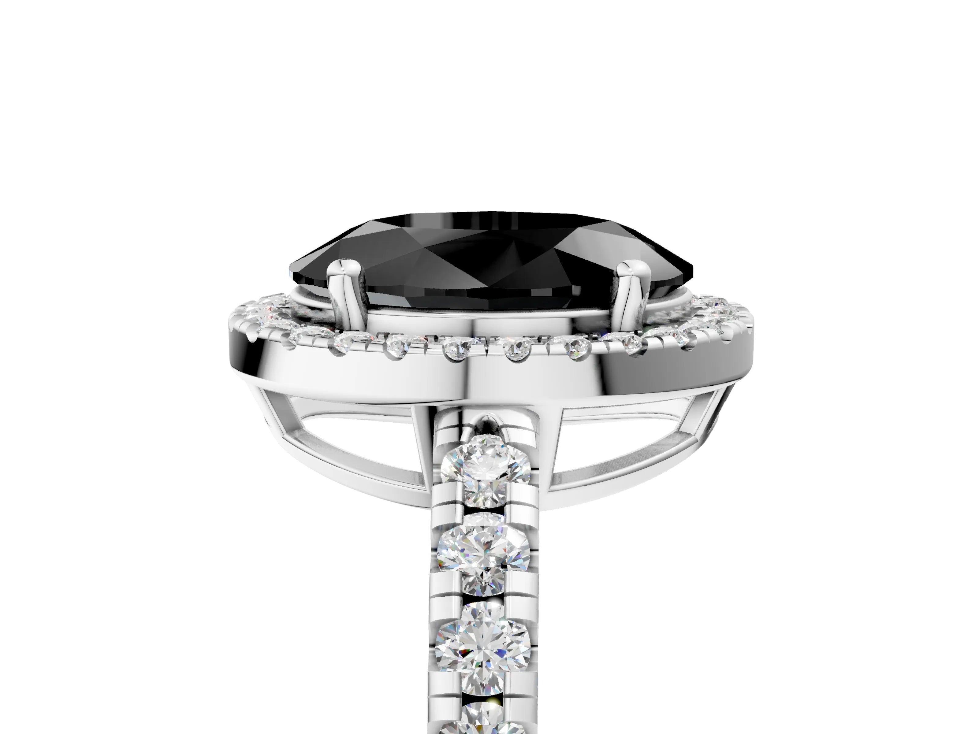 White gold Fancy Black Oval Cut Diamond Halo Ring with Pavé Band and Four-Prong Setting_17