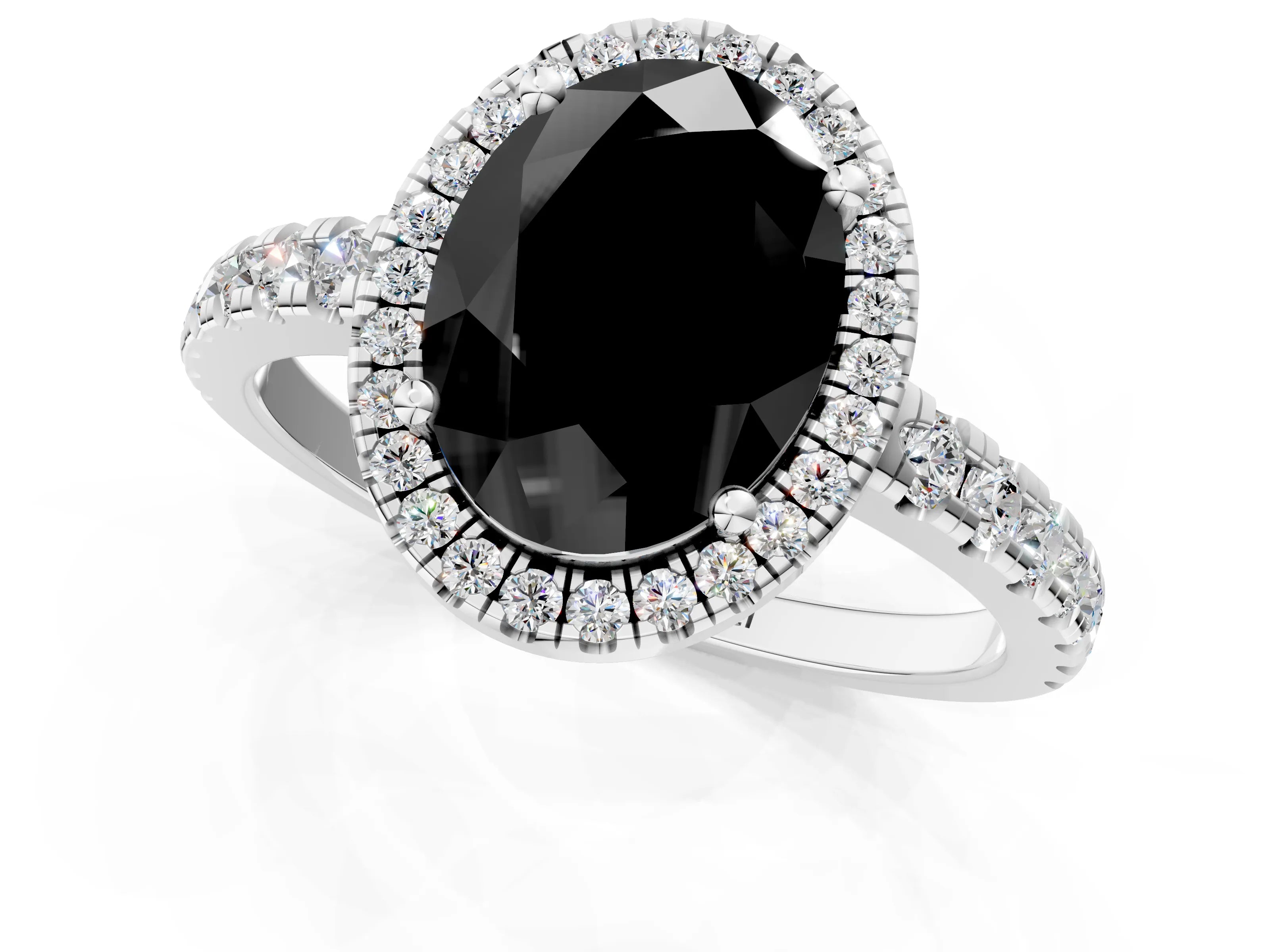 White gold Fancy Black Oval Cut Diamond Halo Ring with Pavé Band and Four-Prong Setting_1